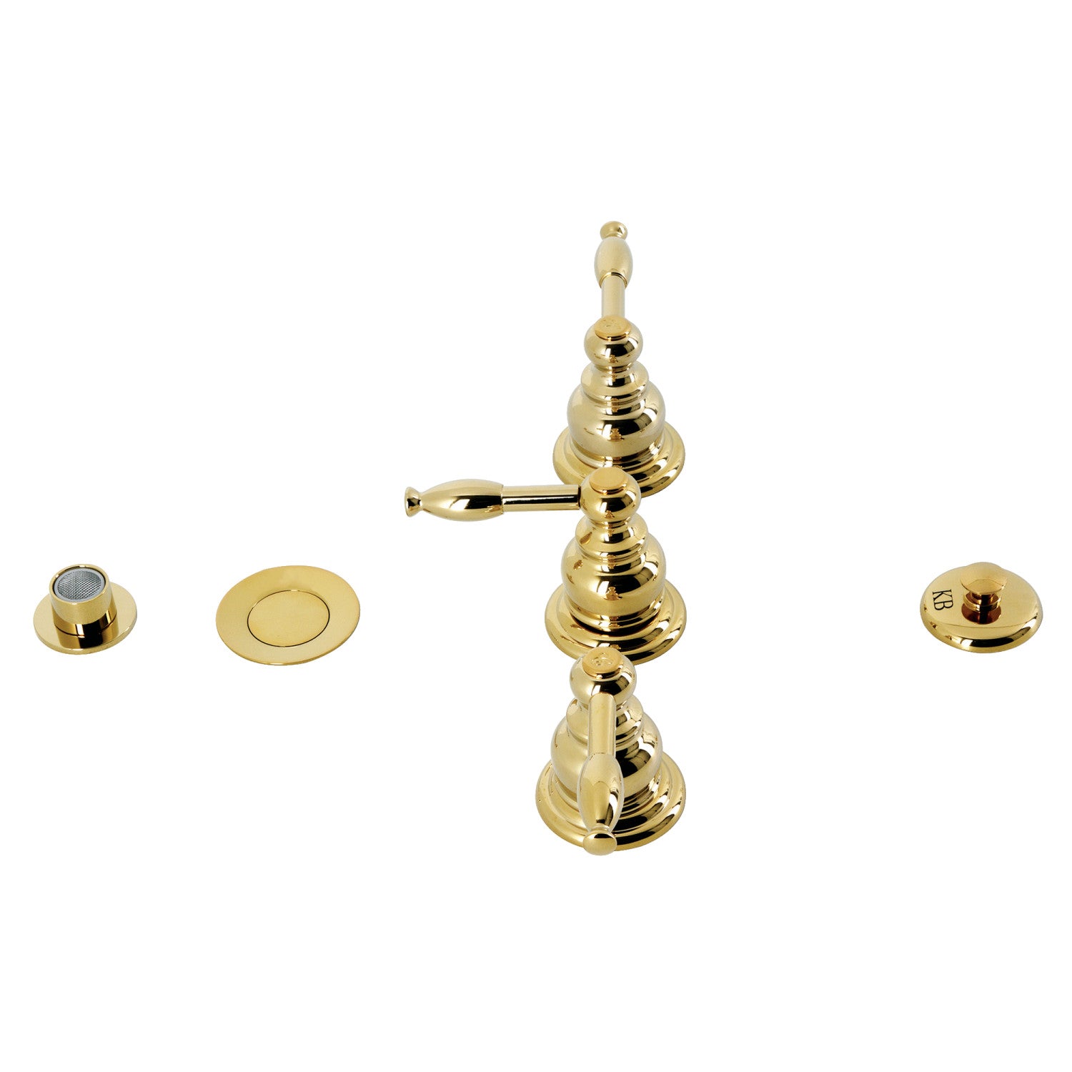 Kingston Heirloom KB322KL - Knight Three-Handle Deck Mount Vertical Spray Bidet Faucet with Brass Pop-Up, Polished Brass — image 1